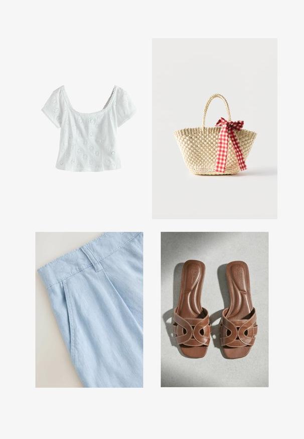 Blouse blanche à manches courtes avec encolure arrondie, découpes florales brodées et bordure festonnée le long des bords du col et des manches.; Shorts en lin bleu clair avec un design plissé, dotés d'une taille et de détails de couture. Texture lisse et style décontracté.; Sandales marron en cuir à enfiler avec une ouverture à l’avant et des larges brides décoratives, disposées côte à côte sur une surface gris clair.; Sac cabas en paille tissée avec des poignées tressées et un ruban à carreaux rouge et blanc noué en un nœud d'un côté.