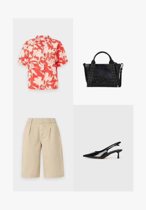 Kurzärmliges Hemd mit Knopfleiste, rotem Grundton und großem weißem Blumenmuster, ausgestattet mit Kragen und vorderen Knöpfen.; Beige Baumwollshorts mit lässiger Passform, die vorne Falten und Seitentaschen aufweisen und knapp über dem Knie mit einem sauberen Saum enden.; Schwarze Lackleder-Slingback-Absätze mit spitzer Zehe, dünnem Absatz und verstellbarem Schnallenriemen. Glatte Textur mit minimaler Ausstattung.; Schwarze Lederhandtasche mit zwei Griffen, verstellbarem Schultergurt, goldenen Nieten entlang der vorderen Riemen und geprägt signiertem Logo auf der Vorderseite.
