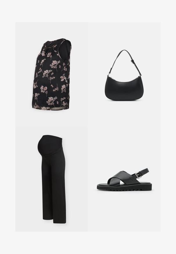 Vero Moda Maternity VMMSMILLA - Bluse - black/maya; Sorte graviditetsbukser med en høj, strækbar linning, designet til at støtte en gravid mave, vist på en ensartet lys baggrund.; Sorte lædersandaler med et korsremdesign, justerbar spænde og en tekstureret sål med riller for bedre greb.; Pieces PCALUANA SHOULDER BAG - Håndtasker - black