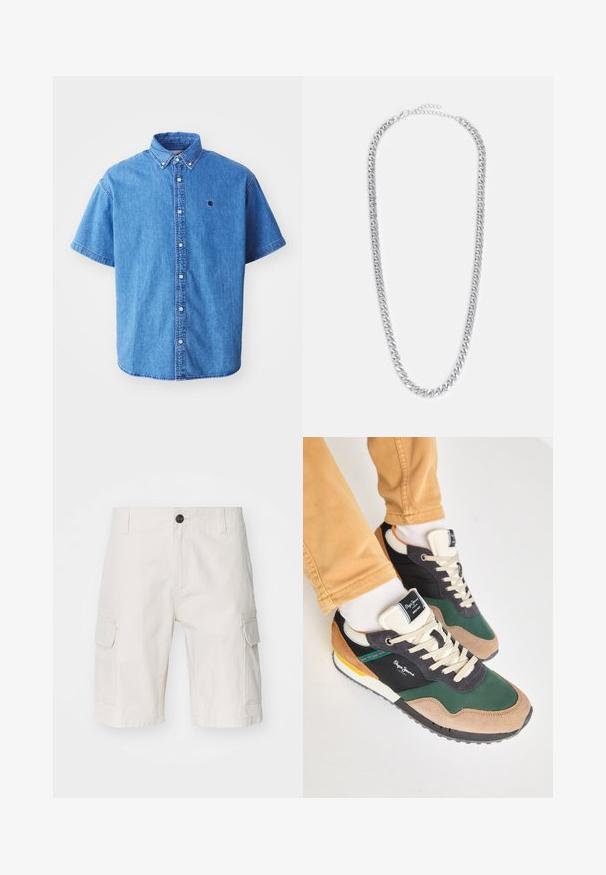 Kurze Ärmel Denim-Hemd in Hellblau mit button-down Kragen, versehen mit einem Brustlogo und auffälligen Nähten.; Beige Cargo-Shorts aus leichtem Gewebe, mit zwei Seitentaschen, einem Knopfverschluss und einer lockeren Passform. Glatte Textur mit dezentem Muster.; Grüne und schwarze Sneakers aus Wildleder und Mesh-Materialien, mit cremefarbenen Schnürsenkeln, mehrfarbigen Akzenten und einer strukturierten Sohle. Logo von Pepe Jeans sichtbar.; Kette aus silbernem Metall mit ineinandergreifenden Gliedern, einer glatten Textur und einem verstellbaren Verschluss zur Anpassung der Länge.