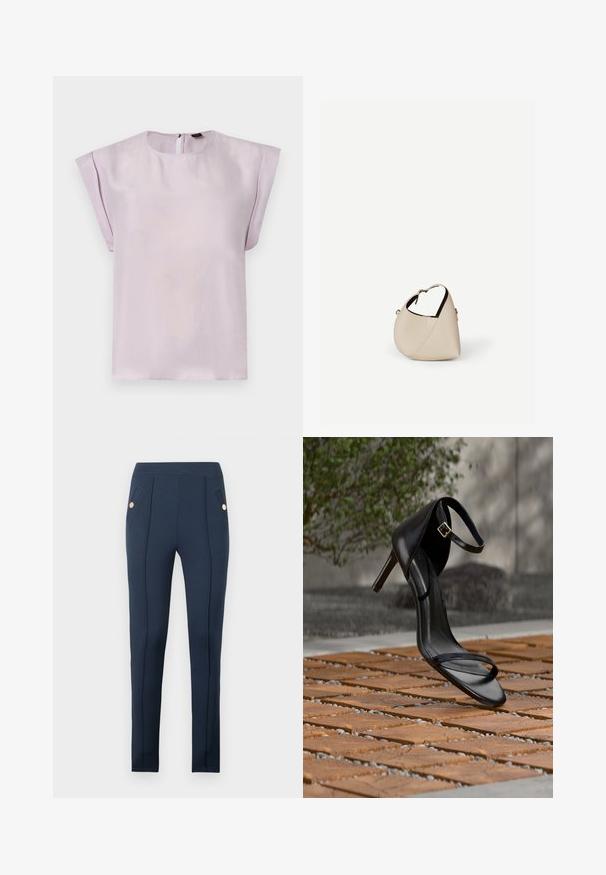 Blouse en soie lilas avec un col rond, des manches courtes drapées et une fermeture au dos en forme d'œillet. Texture douce avec un design minimaliste.; Pantalon slim bleu marine avec coutures avant surpiquées et poches latérales inclinées, chacune ornée d'un bouton rond en or unique.; Sandale noire à talon haut avec sangle à la cheville, suspendue au-dessus d'un sol en carreaux de bois à l'extérieur, avec un arrière-plan flou de verdure et de pierre.; Sac à main en cuir beige en forme de croissant avec une seule bandoulière et des coutures minimalistes, posé sur un fond blanc uni.