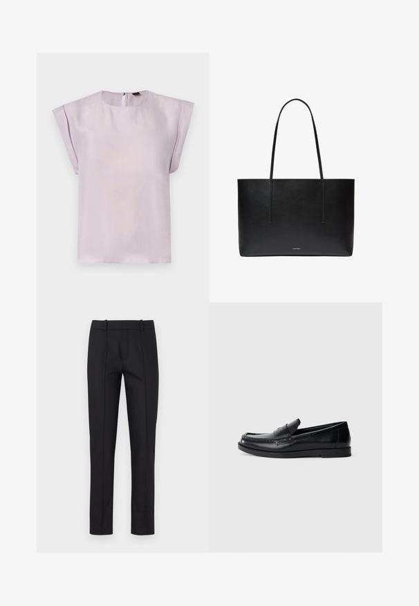 Blouse en soie lilas avec un col rond, des manches courtes drapées et une fermeture au dos en forme d'œillet. Texture douce avec un design minimaliste.; Pantalons noirs ajustés avec une coupe slim, devant plat et deux poches arrière. Fabriqués en tissu lisse avec un subtil détail de couture le long des coutures.; Mocassins en cuir noir avec un design d'accent cousu, bout rond, semelle plate en caoutchouc et finition lisse. Silhouette classique et polyvalente.; Sac tote en cuir noir avec de longues poignées et petit logo Calvin Klein centré près du bas à l'avant.