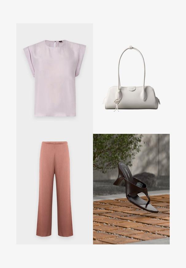 Blouse en soie lilas avec un col rond, des manches courtes drapées et une fermeture au dos en forme d'œillet. Texture douce avec un design minimaliste.; Pantalon en maille côtelée à jambes larges couleur rose poudré avec une taille élastique et de fines rayures verticales, présenté sur un fond uni.; Sandale à talon marron Calvin Klein suspendue au-dessus d'un sol extérieur en dalles de bois et gravier avec un arrière-plan flou de verdure et de pierres.; Sac à bandoulière blanc Calvin Klein avec longues poignées, forme rectangulaire, fermeture éclair et charm logo décoratif suspendu près de la poignée.