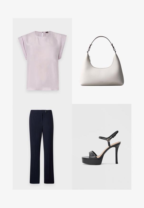 Lilla silke bluse med rund halsudskæring, korte draperede ærmer og lukning med nøglehul på ryggen. Glat tekstur med et minimalistisk design.; Marineblå skræddersyede bukser lavet af et glat stof, med flad front, lige ben og en subtil sølvdetalje i taljen.; Sorte platformsandaler med høj stiletthæl, der har en glat læderoverdel, peep toe-design og en justerbar ankelrem med metalbeslag.; Cremefarvet skuldertaske i læder fra Calvin Klein med buet topkant, sølvfarvet lynlås og mørkebrun justerbar rem.