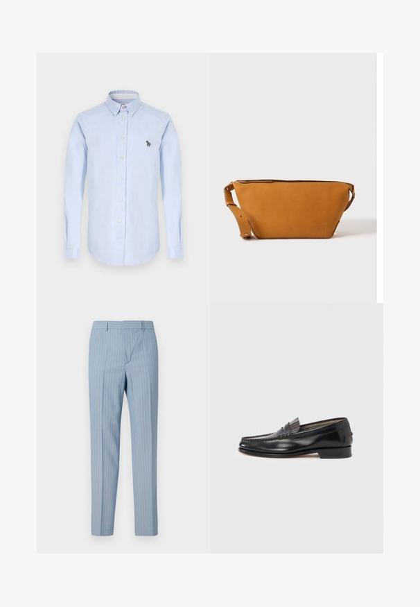 Chemise bleu clair à manches longues, col classique, boutons sur le devant et un petit détail de zèbre brodé sur la poitrine.; Pantalons rayés bleu clair à coupe slim, dotés de rayures verticales blanches. Fabriqués à partir d'un tissu lisse avec un design ajusté.; Mocassins en cuir noir avec un design de style mocassin, présentant une bande décorative et un détail de couture sur le dessus. Talon bloc bas.; Sac bandoulière en cuir marron clair avec sangle réglable et fermeture éclair, présenté sur un fond clair uni.