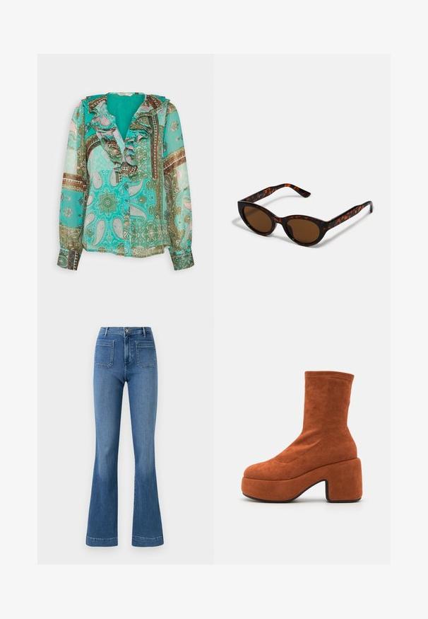 ONLY ONLSTELLA FRILL - Bluse - electric green; Ausgestellte blaue Jeans aus Denim mit normaler Bundhöhe, ausgestattet mit zwei Gesäßtaschen und einer sauberen Saumlinie. Glatte Textur und klassisches Design.; Braune Wildleder-Stiefeletten mit Blockabsatz und Plattformsohle. Das Obermaterial verfügt über eine glatte Textur und Nahtdetails und reicht bis zur Mitte des Waden.; Braune Schildpatt-Sonnenbrille mit einer Vintage-Cat-Eye-Form und braunen Gläsern. Verfügt über gebogene Bügel mit roten Akzenten.