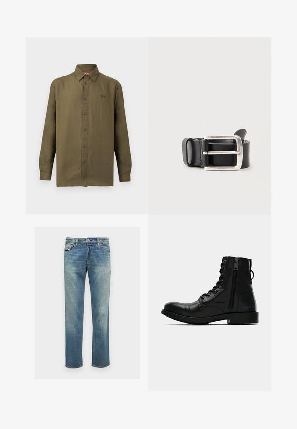 Olijfgroene lange mouwenopknopoverhemd met kraag en subtiel geborduurd logo op de linkerborst tegen een effen achtergrond.; Blauwe denim jeans met een rechte fit, voorzien van een lichte wassing, vijf zakken, subtiele stiksels en een knopen- en ritsluiting.; Zwarte leren enkellaars met een ronde neus, vetersluiting aan de voorkant, zijrits en platte zool. Bevat reliëfbranding op de hak.; Zwarte leren riem met een zilverkleurige metalen vierkante gesp, gladde textuur en nette stiksels langs de randen. Minimalistisch design.