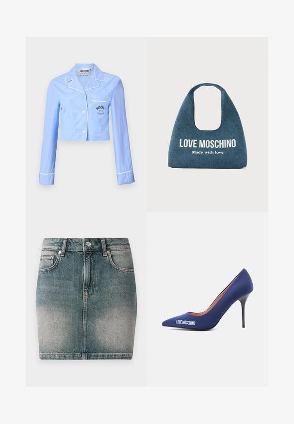 Camisa de pijama recortada de rayas azules con mangas largas, ribete blanco y un bolsillo en el pecho que presenta un logo negro de Moschino Jeans.; Falda mini de mezclilla azul con botón y cremallera en el frente, dos bolsillos frontales y detalles desgastados en los muslos.; Zapato azul de tacón alto con punta en punta y tacón de aguja negro, con el texto "LOVE MOSCHINO" en el lateral frontal sobre un fondo blanco.; Bolso de mezclilla azul con asa redondeada y la inscripción "LOVE MOSCHINO Made with love" impresa en blanco en la parte frontal.