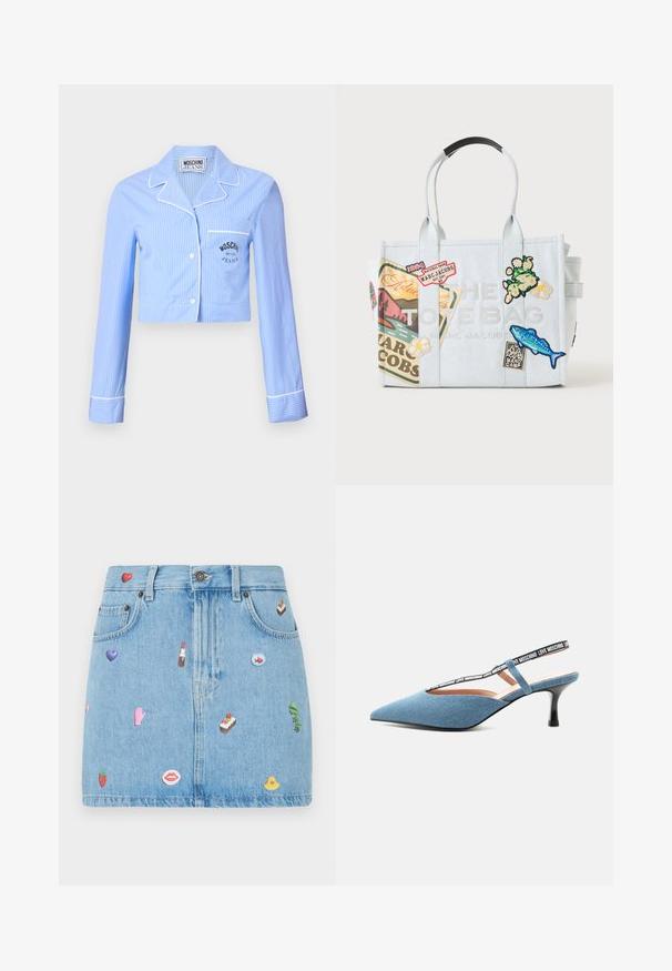 Ingekorte blauw gestreepte pyjamashirt met lange mouwen, witte piping en een borstzak met een zwart Moschino Jeans-logo.; Leren mini-jurk, lichtblauw, met vijf zakken, versierd met verschillende kleurrijke patches, waaronder harten, lippen en desserts, aan de voorkant.; Blauwe slingback pumps met spitse neus en kittenheel, zwarte band met witte tekst "Love Moschino" op lichte achtergrond.; Lichtblauwe Marc Jacobs shopper versierd met patches, waaronder bloemen, een vis, een berglandschap en diverse logodesigns.