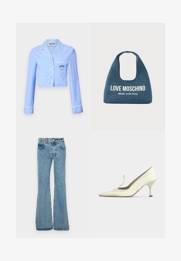 Chemise de pyjama bleu à rayures coupée, à manches longues, avec un passepoil blanc et une poche poitrine arborant un logo Moschino Jeans en noir.; Jean flare bleu clair en denim, doté d'une taille haute, de poches avant et d'ourlets effilochés pour une coupe décontractée.; Escarpin en cuir blanc à talon moyen, avec un bout pointu et un talon fin et incurvé, photographié sur un fond gris clair uni.; Sac à main en denim bleu avec poignée arrondie et inscription "LOVE MOSCHINO Made with love" en blanc sur le devant.