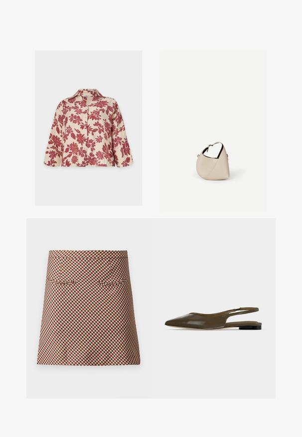 Chemise beige boutonnée avec col et manches trois-quarts amples, présentant un motif floral rouge foncé sur l'ensemble.; Jupe courte en tartan avec un motif à carreaux en rouge, noir et crème. Elle a une texture lisse et deux poches avant.; Chaussure plate à bout pointu vert olive avec bride arrière, talon noir bas et finition lisse et brillante.; Sac à main en cuir beige en forme de croissant avec une seule bandoulière et des coutures minimalistes, posé sur un fond blanc uni.