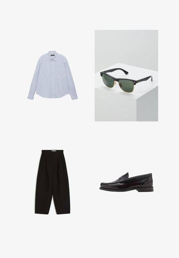 Chemise bleu clair à manches longues, boutonnée à l'avant, avec de fines rayures blanches verticales et une poche poitrine, étalée à plat sur un fond blanc.; Pantalon noir à jambes larges en tissu doux, avec un devant plissé, une fermeture à boutons et des poches latérales pour plus de fonctionnalité.; Les mocassins en cuir noir présentent une finition lisse, des détails cousus sur la tige et une semelle en caoutchouc profilée basse.; Lunettes de soleil Ray-Ban avec des verres verts, monture en plastique noir et accents dorés sur les bords. Forme carrée avec une finition mate.