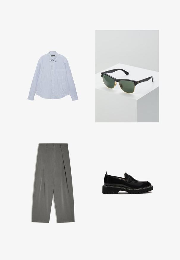 Chemise bleu clair à manches longues, boutonnée à l'avant, avec de fines rayures blanches verticales et une poche poitrine, étalée à plat sur un fond blanc.; Pantalon gris à jambes larges, ajusté, avec plis à l'avant, fermeture par boutons et passants de ceinture, posé à plat sur un fond blanc.; Chaussure slip-on en cuir noir avec un bout arrondi, semelle texturée épaisse, coutures décoratives et un petit talon. Présente une tirette à l'arrière.; Lunettes de soleil Ray-Ban avec des verres verts, monture en plastique noir et accents dorés sur les bords. Forme carrée avec une finition mate.