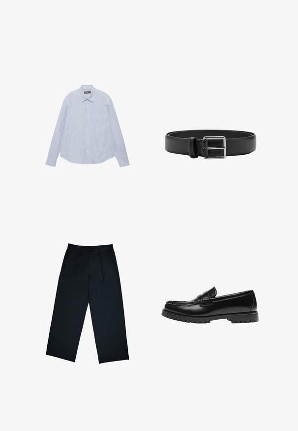 Chemise bleu clair à manches longues, boutonnée à l'avant, avec de fines rayures blanches verticales et une poche poitrine, étalée à plat sur un fond blanc.; Pantalons larges noirs en tissu lisse, avec des plis sur le devant, une fermeture à bouton et une coupe droite au niveau des chevilles.; Mocassin en cuir noir avec une semelle en caoutchouc épaisse et un détail classique de bride à monnaie, vu de côté extérieur.; Ceinture en cuir noir avec une boucle métallique rectangulaire argentée et une seule boucle pour la fixation.