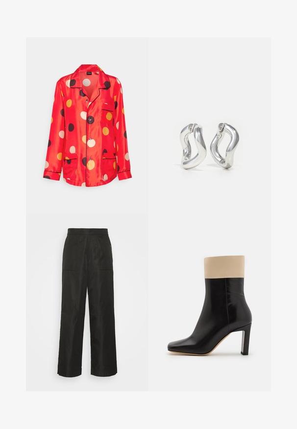 ASPESI CAMICIA - Chemisier - fondo arancio; BLANCHE ELAYNE PANTS - Pantalon classique - black; Botte chelsea noire en cuir avec un accent crème en haut, bout pointu et un talon haut avec des accents argentés. Texture lisse sans motifs visibles.; Boucles d'oreilles créoles argentées avec un design torsadé. Bords arrondis et finition brillante. Fermoirs ouverts pour un port facile. Texture lisse sur toute la surface.