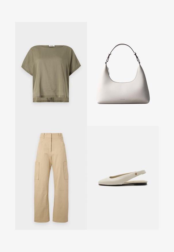 Top verde oliva de manga corta hecho de una tela ligera, con un corte holgado y un dobladillo recto. Diseño minimalista con cuello redondo.; Pantalones cargo beige de algodón, con una cintura alta, perneras anchas, dos bolsillos laterales y dos grandes bolsillos cargo en los muslos.; Zapato plano slingback de cuero color crema con puntera redondeada y pequeño emblema dorado en la correa.; Bolso de hombro de cuero color crema de Calvin Klein con borde superior curvado, cremallera plateada y correa ajustable marrón oscuro.