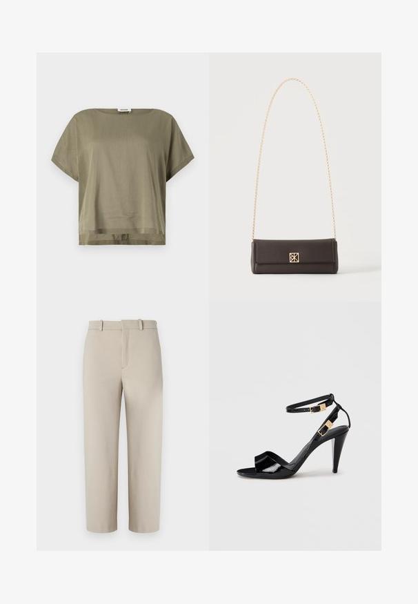 Haut court olive en vert, fabriqué en tissu léger, présentant une coupe ample et un ourlet droit. Design minimaliste avec un col rond.; Pantalons beiges coupés, design ajusté, devant plat avec fermeture éclair dissimulée, deux poches latérales, fabriqués en tissu en coton mélangé lisse.; Sandale à talon haut en cuir verni noir avec double bride de cheville et boucles dorées, bout ouvert, et talon effilé sur fond neutre.; Sac à main rectangulaire en cuir marron foncé avec une bandoulière chaîne dorée et une petite fermeture carrée dorée au centre avant.
