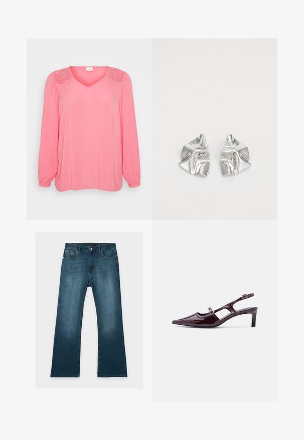 Roze blouse met lange mouwen en een V-hals, voorzien van textuurelementen op de schouders en een zachte, vloeiende stof. Rechte snit en losse pasvorm.; Blauwe jeans met rechte pijpen, voor- en achterzakken, knoop- en ritssluiting, en subtiele vervaagde details op dijen en knieën.; Bordeaux lakleren slingback schoen met spitse neus, lage hak en dubbele verstelbare gespsluitingen.; Zilveren metalen oorbellen met een golvend, sculpturaal ontwerp, voorzien van een gepolijste afwerking en onregelmatige vormen, die een hedendaagse esthetiek benadrukken.