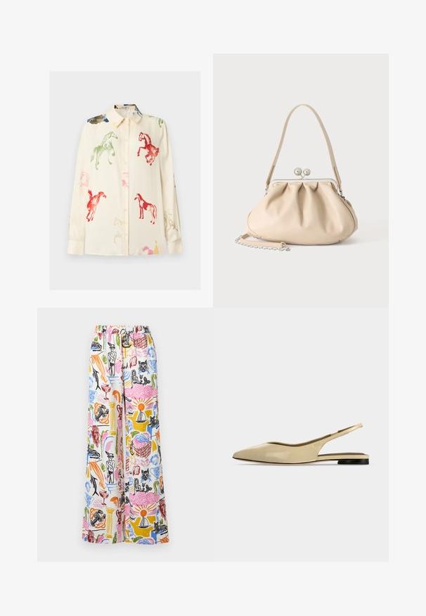 Chemise crème à manches longues avec des boutons, imprimée de chevaux à l’aquarelle multicolores en rouge, vert, rose et bleu.; Pantalon à jambes larges en tissu léger, présentant un motif coloré et dessiné à la main avec divers motifs sur un fond blanc. Taille élastique.; Chaussure plate beige à bout pointu avec bride arrière, petit talon noir et finition en cuir lisse, vue de côté sur un fond uni.; Sac à main en cuir souple beige avec un fermoir en métal argenté, une bandoulière simple et une bandoulière chaîne optionnelle sur fond blanc.