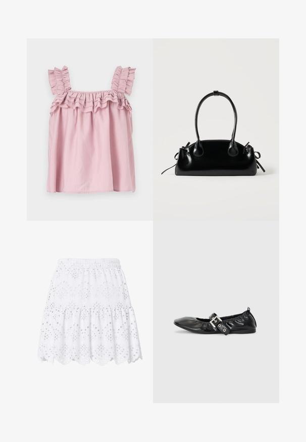 Top sans manches rose avec des bretelles à volants et un décolleté froncé. Fabriqué en tissu léger, avec une coupe ample et fluide.; Jupe courte blanche à volants avec taille élastique, broderie anglaise et ourlet festonné décoré de motifs floraux.; Chaussure plate en cuir noir avec un nez pointu, des détails froncés autour de l'ouverture et un accent en boucle argentée sur la bride ajustable.; Petit sac à main noir brillant avec deux longues anses et des détails à cordon sur les côtés sur un fond clair uni.