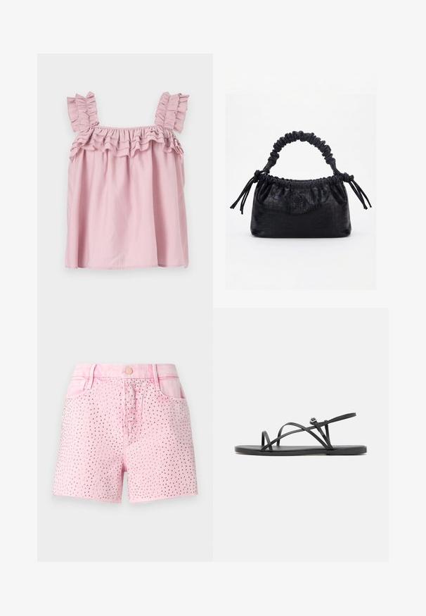 Roze mouwloos top met gerimpelde schouderbanden en een geplooide halslijn. Gemaakt van lichte stof, met een losse, vloeiende pasvorm.; Good American GOOD GIRLFRIEND - Jeansshort - mineral rose quartz; Zwarte platte sandalen met dunne, kruislings gespen, open teenontwerp en een minimalistische zool. Bevat een klein gespdetail voor aanpassing.; Zwarte handtas met krokodillenstructuur, geplooide bovenrand, samengevoerde handgreep en koordtassels aan elke kant tegen een witte achtergrond.