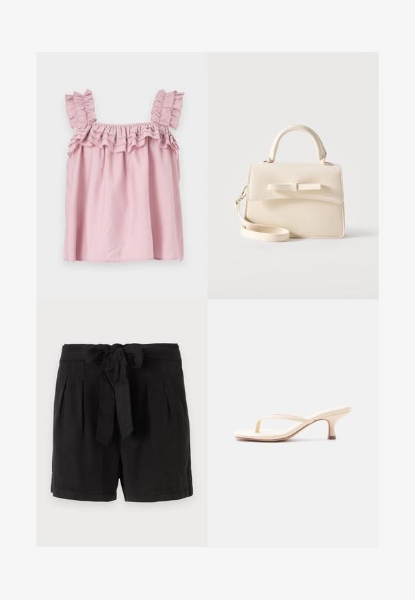 Rosa ärmelloses Oberteil mit Rüschenträgern und gerafftem Halsausschnitt. Aus leichtem Stoff gefertigt, mit einer lockeren, fließenden Form.; Schwarze Baumwollshorts mit einem Bindegürtel in der Taille, Falten an der Vorderseite und Seitentaschen. Glatte Textur und lässiges Design.; Beige Sandale mit offenem Zehenbereich, Riemen zwischen den Zehen und niedrigem Kitten-Absatz, von der Seite auf weißem Hintergrund gezeigt.; Kleine beige Handtasche mit Tragegriff oben, abnehmbarem Riemen, vorderer Klappe und dekorativer horizontaler Schleife vor einfarbigem Hintergrund.