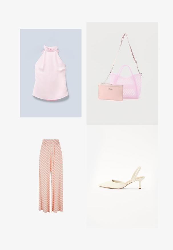 Haut halter rose clair avec un col montant et un détail noué au col, présentant une texture lisse et douce ainsi qu un ourlet légèrement arrondi.; Pantalon à jambes larges avec un motif à carreaux rose et blanc et une taille élastique, présenté sur un fond blanc uni.; Escarpin à bout pointu avec bride arrière en matériau lisse blanc cassé à légère brillance, doté d'un talon fin et d'un design minimaliste.; Sac cabas rose translucide avec motif en diamant, accompagné d'une pochette rose unie à fermeture éclair, attachée par une petite chaîne et une longue sangle ajustable.