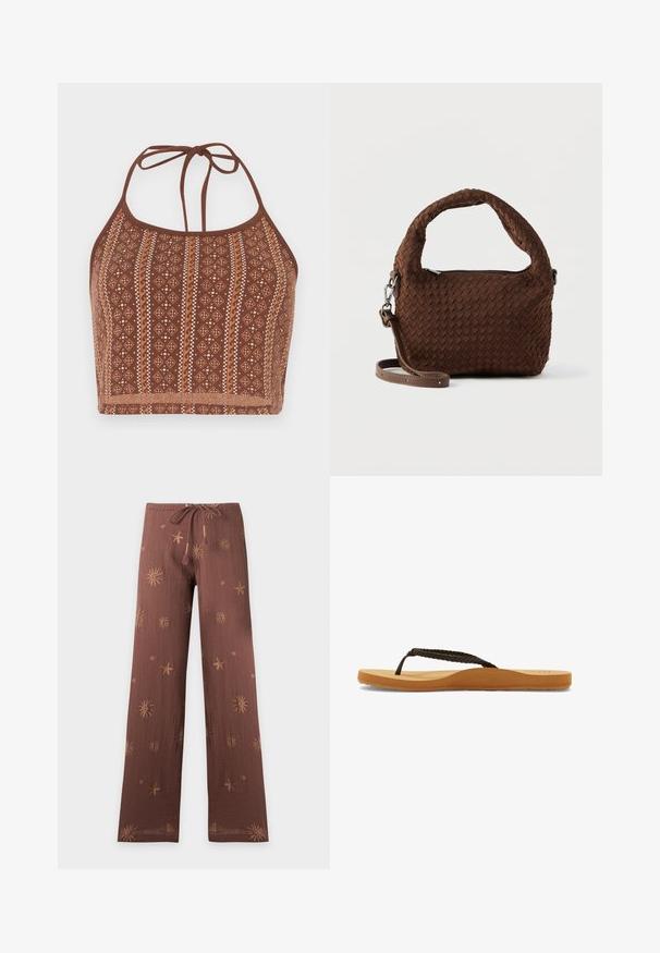 Braun gemusterter Halter-Crop-Top mit geometrischen Designs und schneeweißen Akzenten, verstellbaren Nackenbändern und einer weichen Textur.; Braune, weit geschnittene Hose mit Kordelzug in der Taille und bestickten Sonne-, Seestern- und Spiralmustern, die über den Stoff verteilt sind.; Braune geflochtene Riemchenflip-Flops mit einer weichen Sohle und einem beigefarbenen Fußbett, das ein rundes Design aufweist und eine strukturierte Gummisohle für besseren Halt bietet.; Braune gewebte Handtasche mit rundem Griff, silberner Hardware und verstellbarem Riemen. Verfügt über einen Reißverschluss und eine strukturierte Oberfläche.