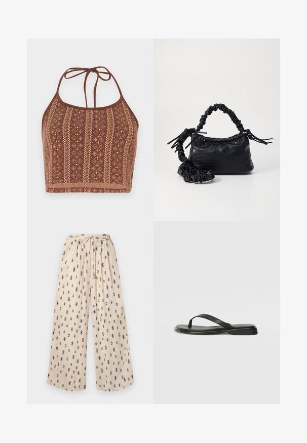Braun gemusterter Halter-Crop-Top mit geometrischen Designs und schneeweißen Akzenten, verstellbaren Nackenbändern und einer weichen Textur.; Beige weit geschnittene Hose mit Bund zum Binden, die ein schwarzes Rauten-Muster aufweist. Hergestellt aus leichtem Stoff für besonderen Komfort.; Schwarze Flip-Flops aus glattem Leder, mit einem dünnen Riemendesign und einer flachen Sohle mit minimalem Profil. Keine bemerkenswerten Muster oder Akzente.; Schwarze Handtasche aus Kunstleder mit Krokodilstruktur, gerafftem oberen Teil und einem geschoppten Tragegurt. Sie wirkt weich und kompakt im Design.