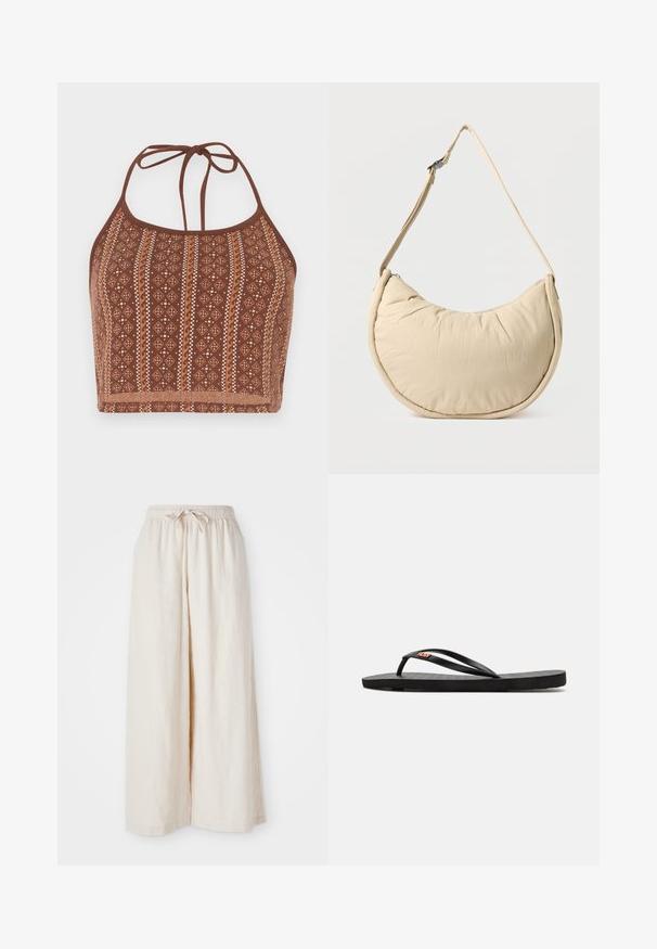 Top crop halter à motifs marron, présentant des designs géométriques avec des accents blanc cassé, des liens au cou ajustables et une finition douce et texturée.; Pantalons larges de couleur crème avec une taille élastique et un cordon de serrage. Tissu en lin léger et lisse, sans motifs ni matériel visible.; Tongs noires avec semelle plate, présentant des fines brides et un matelas de pied texturé. Petit accent de logo sur la bride. Design simple et minimal.; Sac d'épaule beige en forme de demi-lune avec une texture douce et rembourrée. Comprend une bandoulière réglable et une fermeture éclair sur le bord supérieur.