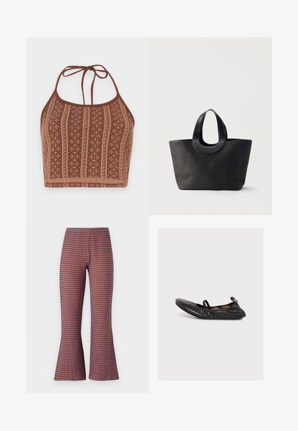 Hnedý vzorovaný crop top na šnurovanie s geometrickými motívmi a krémovými akcentmi, nastaviteľné viazanie okolo krku a mäkký textúrovaný povrch.; Pásikavé rozšírené nohavice s vlnkovým vzorom v oranžovej a modrej farbe, vyrobené z textúrovanej látky s elastickým pásom pre pohodlie.; Čierna kožená balerína s guľatou špičkou, elastickým pásikom na vrchu a malým detailom pracky na päte, zobrazená z boku na bielom pozadí.; Čierna textúrovaná taška typu tote so širokými zaoblenými rúčkami s vyrazeným názvom značky "Samsøe Samsøe" na neutrálom pozadí.