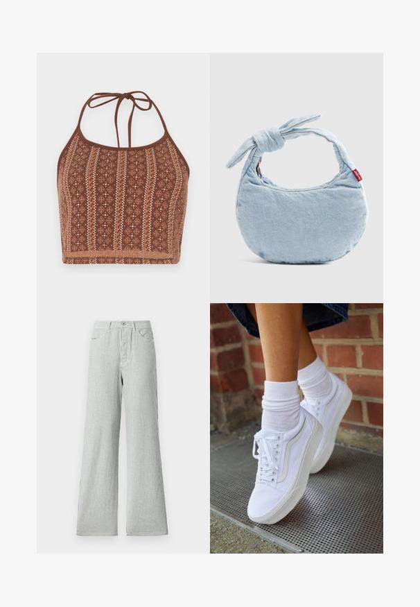 Ruskea kuvioitu halterneck-crop top, jossa on geometrisia muotoja ja off-white-aksentteja, säädettävät kaulakiedot sekä pehmeä tekstuuri.; Housut, joissa on leveä lahje ja raidallinen kuvio, valmistettu kevyestä kankaasta. Housuissa on pystysuorat siniset ja valkoiset raidat, korkea vyötärö sekä etutaskut.; Valkoiset kangaskengät kumipohjilla, joissa on kuusi silmukkaa, pyöreä kärki ja vaaleat ompeluseikat, yhdistettyinä valkoisiin nilkkasukkiin.; Vaaleansininen farkkushulterolaukku, jossa on solmusomiste kahvassa ja pieni punainen Levi's-tunnus sivussa.