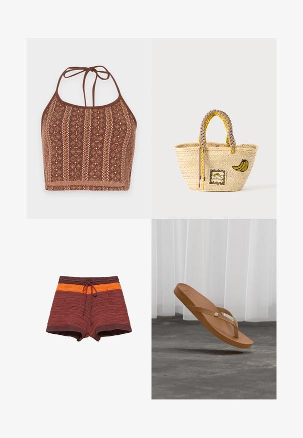 Top crop halter à motifs marron, présentant des designs géométriques avec des accents blanc cassé, des liens au cou ajustables et une finition douce et texturée.; Shorts en maille marron avec une bande orange et un cordon à l'avant, conçus pour une tenue décontractée ou de plage.; Sandale tongs marron avec un détail bouton sur la bride, flottant au-dessus d'un sol en béton gris avec des rideaux blancs en arrière-plan.; Sac cabas en paille tissée avec des anses tressées jaunes et beige, décoré d'un patch banane et d'un petit motif poisson encadré à l'avant.