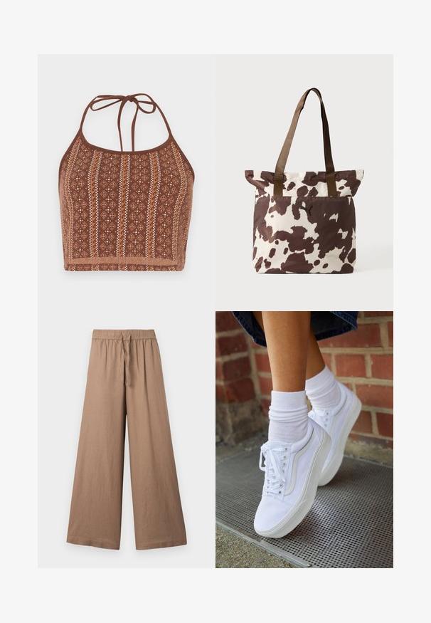 Top crop halter à motifs marron, présentant des designs géométriques avec des accents blanc cassé, des liens au cou ajustables et une finition douce et texturée.; Pantalons larges en tissu brun clair, dotés d'une taille élastique avec un cordon de serrage et d'une finition lisse et texturée.; Baskets en toile blanches avec semelles en caoutchouc, dotées de six œillets, d'un bout rond et de détails de couture légers, portées avec des chaussettes blanches mi-mollet.; Sac fourre-tout en tissu doux avec un imprimé vache marron et crème, doté de deux anses marron pour les épaules et d'un détail logo.