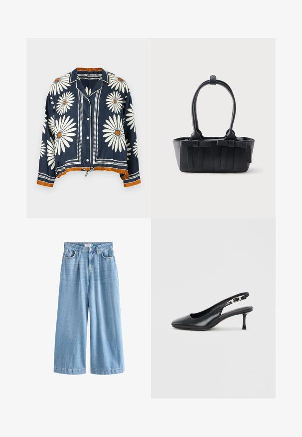 Marineblå langærmet skjorte med hvidt margueritblomstermotiv, orange kerner, hvide knapper og orange kant ved ærmekanter og forneden.; Lyseblå denim palazzo jeans med brede ben, der har høj talje, frontlommer og knaplukning. Diskret falmet tekstur.; Sort læder slingback-sko med spids snude, lav, slank kittenhæl og justerbar spænde på en ensfarvet lys baggrund.; Sort læderhåndtaske med to håndtag, dekorative remme og en rektangulær bund på en ensartet lys baggrund.