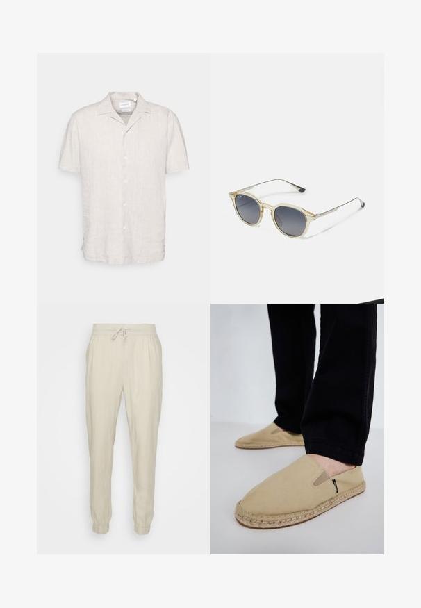 Chemise en lin à manches courtes de couleur beige clair, avec un col décontracté et une fermeture à boutons. Le tissu possède une texture respirante.; Jogging en lin beige avec une taille élastique et un cordon de serrage ajustable, présentant des poignets élastiques et une coupe relaxée. Texture lisse.; Chaussures slip-on en toile beige avec des goring élastiques, semelle en corde de jute et coutures contrastantes. Portées avec un pantalon noir fuselé.; Lunettes de soleil rondes avec une monture transparente et des verres grisés dégradés. Fines branches en métal argenté avec des embouts noirs. Présente un logo discret sur le verre.