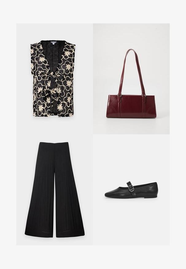 Top sans manches noir avec un décolleté en V, orné d'un motif floral en crème et d'une fermeture à nouer sur le devant. Tissu texturé avec une apparence côtelée.; Pantalon noir à larges jambes en tissu léger. Il possède une taille plate et un matériau fluide, avec peu de détails de couture.; Chaussure plate en cuir noir avec un bout arrondi, une seule sangle réglable à boucle et une texture lisse et brillante. Design minimaliste avec un petit talon.; Sac à main bordeaux en matériau brillant, de forme rectangulaire, avec deux anses et des accents légèrement courbés à l'avant.