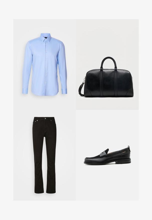Chemise à manches longues bleu clair, boutonnée, en tissu texturé avec un col pointu et une fermeture classique à boutons à l'avant.; Jeans en denim noir au design droit, avec poches avant, braguette zippée et accents en métal argenté. Texture lisse, sans motifs.; Mocassin en cuir noir avec détail de bride grise, talon bas et semelle texturée, marqué "HUGO" en or sur le côté.; Sac de voyage en cuir noir avec deux poignées supérieures, bandoulière amovible et petit logo "Hugo" centré près de la fermeture éclair supérieure.