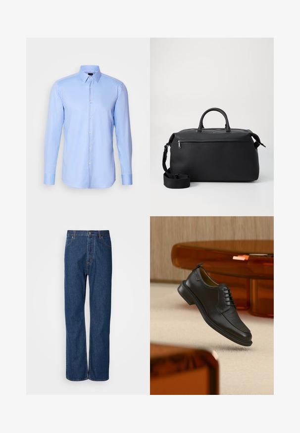 Lyseblå langærmet skjorte med knaplukning lavet af tekstureret stof, med spidse krave og klassisk knaplukning foran.; Blå denim jeans med lige ben, der har en knaplukning, fem lommer og kontraststikninger langs sømmene.; Sort lædersko med snørebånd og tekstureret front, svævende over beige tæppe i et moderne rum med møbler i ravfarvet toning.; Sort læder duffel taske med to top hanke, en aftagelig skulderrem og en lynlåslomme foran til ekstra opbevaring.