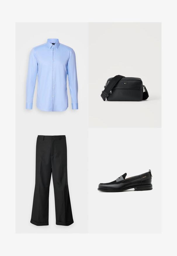 Camisa de botones de manga larga color azul claro, hecha de tejido texturizado, con cuello puntiagudo y cierre de botones clásico en la parte delantera.; Pantalones anchos negros con cintura abotonada y dobladillos con puños, exhibidos sobre un fondo blanco liso.; Mocasín de cuero negro con detalle de tira gris, tacón bajo y suela texturizada, con la marca "HUGO" en oro en el lateral.; Bolso bandolera negro de cuero texturizado con bolsillo frontal con cremallera y correa de hombro ancha de tela ajustable sobre fondo blanco.