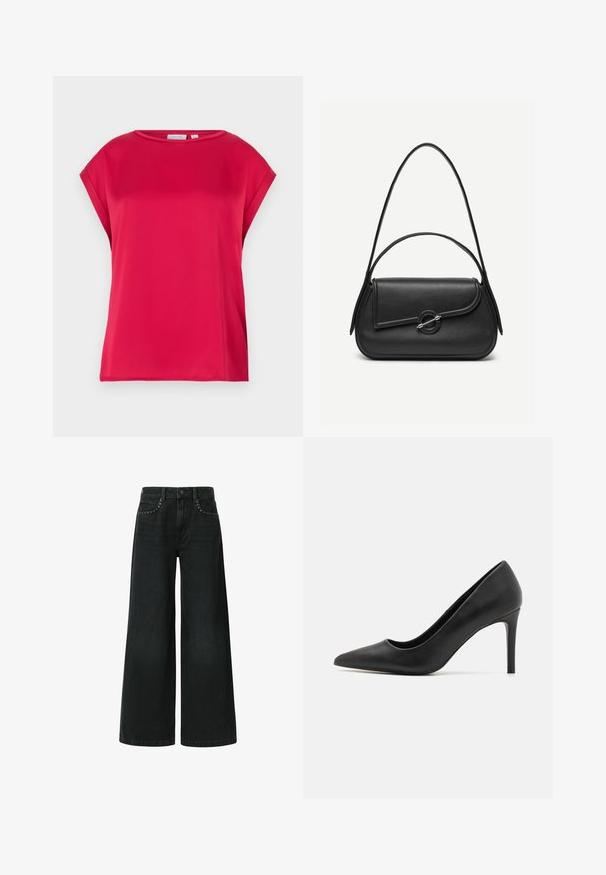 Rotes Kurzarmoberteil aus glattem Stoff mit rundem Ausschnitt und weiter Passform. Klare Linien ohne sichtbare Muster oder Akzente.; Weite schwarze Jeans aus Denim, mit einem klassischen Fünf-Taschen-Design und dekorativen Nieten in der Nähe der vorderen Taschen.; Schwarze High Heel-Pumps mit spitzer Zehenpartie, aus glattem Leder, mit einem eleganten Design und einem dünnen, zylindrischen Absatz.; Schwarze Lederhandtasche mit abgerundeten Kanten, asymmetrischem Überschlag, metallfarbenem runden Verschluss und kurzen sowie langen Schulterriemen.