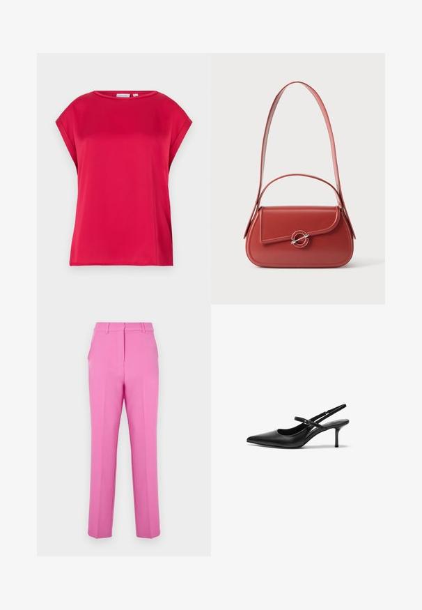 Haut rouge à manches courtes en tissu lisse avec un col rond et une coupe ample. Lignes épurées sans motifs ni accents visibles.; Pantalons tailleur roses avec une texture lisse, devant plat et poches latérales. Présentent une coupe droite et des passants de ceinture.; Talons aiguilles noires en cuir avec un bout pointu, une fine bride réglable, et un talon aiguille d'environ 5 cm, texture lisse.; Sac à main en cuir rouge avec une longue bandoulière réglable et un rabat incurvé fermé par un fermoir circulaire en argent.