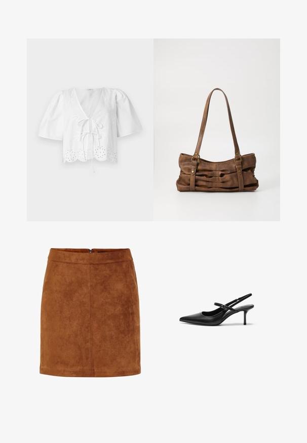 Blusa blanca corta con mangas abullonadas, escote en V, lazo en la parte delantera y dobladillo con forma de olas que presenta bordados de ojales a lo largo del borde.; Minifalda de ante marrón con una textura suave, corte recto y un discreto cierre de cremallera en la parte trasera. Presenta detalles de costura para darle estructura.; Zapatos de tacón slingback de cuero negro con punta afilada, correa ajustable delgada y un tacón de aguja de aproximadamente 5 cm, textura suave.; Even&Odd Bolso de mano - brown