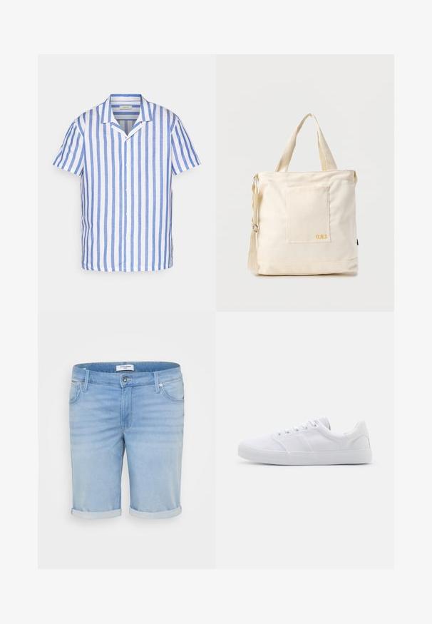 Short-sleeve button-up shirt in light blue and white stripes, made of linen, featuring a spread collar and a straight hemline.; Light blue denim shorts with a slightly faded finish, rolled cuffs, five-pocket design, and a metal button closure.; White canvas sneakers with a rubber sole, featuring six eyelets, a textured toe cap, and minimalistic design.; Cream canvas tote bag with front pocket, two handles, adjustable shoulder strap, and small yellow "O.N.S" text on pocket bottom right.