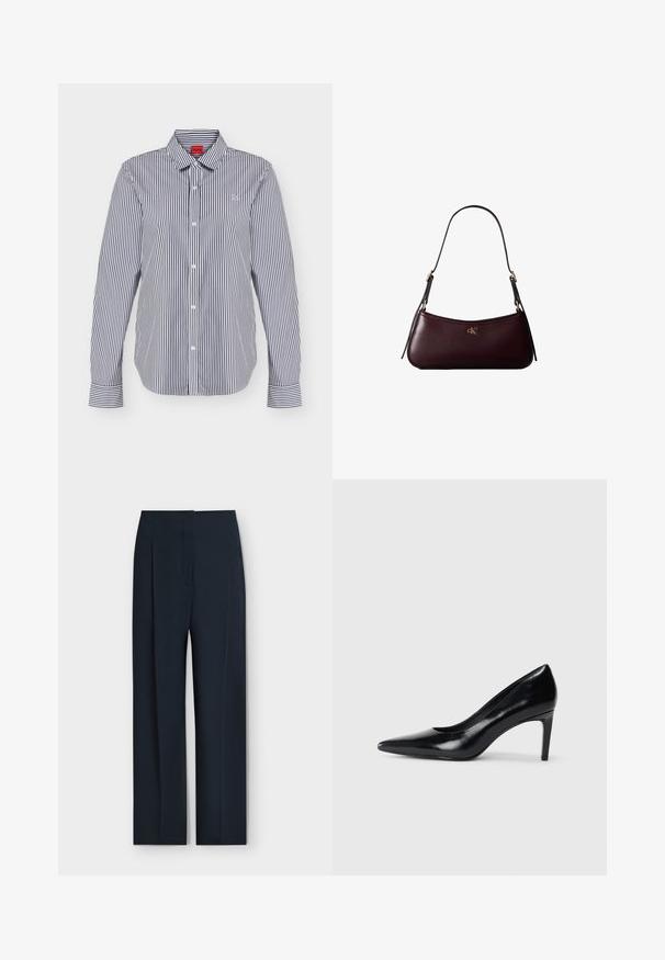 Chemise à manches longues boutonnée avec rayures verticales noires et blanches, col classique et logo brodé discret sur la poitrine.; Pantalon formel bleu marine foncé à coupe droite, plis devant et poches latérales, présenté sur un fond clair uni.; Chaussure à talon haut en cuir noir avec un bout pointu, texture lisse et un talon effilé. Design minimaliste, sans embellissements supplémentaires.; Sac à main en cuir bordeaux foncé avec une fine sangle d'épaule noire et un petit logo doré "cK" au centre devant.
