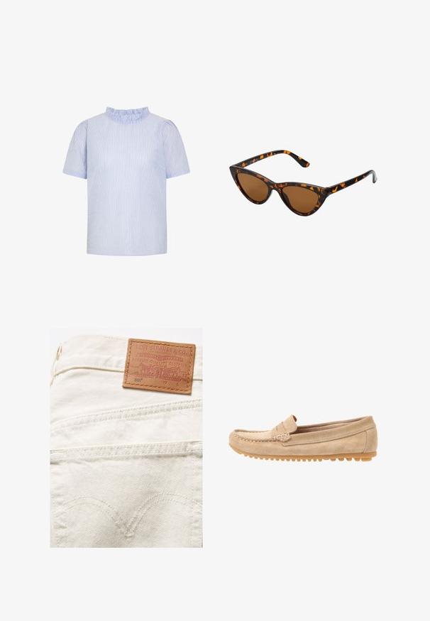 Blusa de manga corta con rayas verticales azul claro y blancas, cuello alto con volantes, ajuste suelto y textura de tela suave.; Denim blanco con una etiqueta de cuero que presenta texto en relieve, incluyendo "LEVI STRAUSS & CO.", y costuras detalladas en los bolsillos traseros.; Mocasines de ante beige con punta redondeada, con detalles de costura y suela de goma que presenta pequeños salientes para tracción. Vista lateral.; Gafas de sol estilo ojo de gato con montura de carey negra y naranja, lentes marrones y puntas elegantes y afiladas. Presenta un logo minimalista en la patilla.