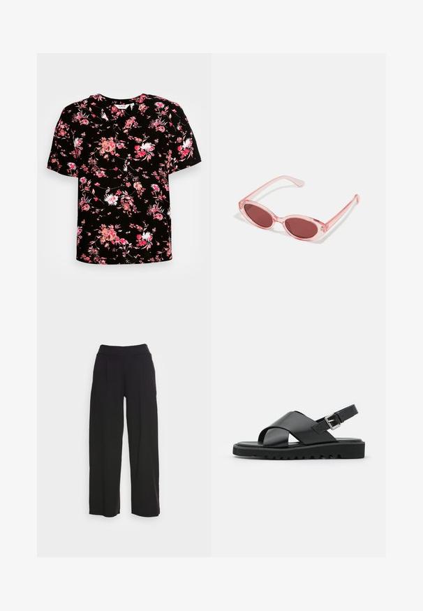 Zwarte blouse met korte mouwen en een bloemenprint in roze en wit. Heeft een V-halslijn en zachte, geweven stof.; Zwarte wijde broek van zacht materiaal, met een hoge elastische tailleband en subtiele plooien aan de voorkant; geen zichtbare hardware of patronen.; Zwarte leren sandalen met een kruisbandontwerp, verstelbare gesp en een gestructureerde zool met ribbels voor grip.; Roze transparante zonnebril met ovale lenzen, donkerrode tint en slanke pootjes, met een gladde afwerking en subtiele details op het frame.