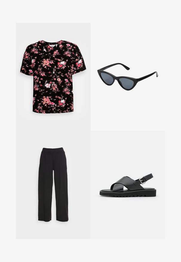 Blusa negra de manga corta con estampado floral en rosa y blanco. Presenta un escote en V y una tela suave y texturizada.; Pantalones de pierna ancha negros con una tela suave, cinturilla elástica alta y pliegues sutiles en la parte delantera; sin hardware ni patrones visibles.; Sandalias de cuero negras con diseño de tiras cruzadas, hebilla ajustable y suela texturizada con estrías para un mejor agarre.; Gafas de sol negras en forma de ojo de gato con lentes gris oscuro, marco de plástico elegante, esquinas puntiagudas y patillas rectas. Sin herrajes ni acentos visibles.