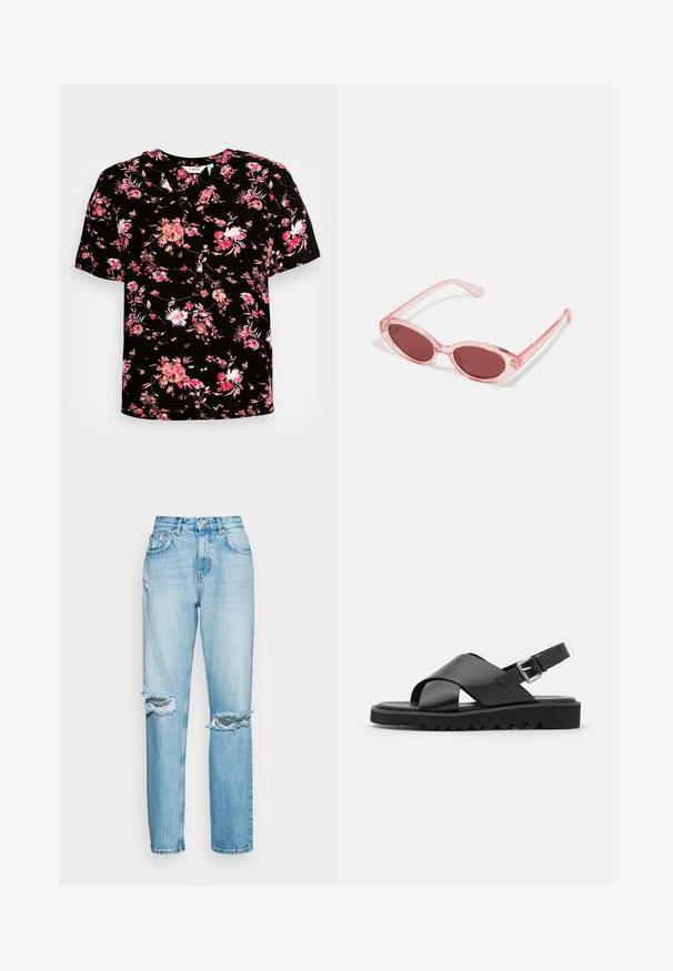 Zwarte blouse met korte mouwen en een bloemenprint in roze en wit. Heeft een V-halslijn en zachte, geweven stof.; ONLY ONLROBYN DESTROY - Relaxed fit jeans - light blue dnm; Zwarte leren sandalen met een kruisbandontwerp, verstelbare gesp en een gestructureerde zool met ribbels voor grip.; Roze transparante zonnebril met ovale lenzen, donkerrode tint en slanke pootjes, met een gladde afwerking en subtiele details op het frame.