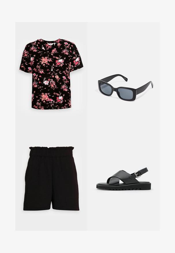 Zwarte blouse met korte mouwen en een bloemenprint in roze en wit. Heeft een V-halslijn en zachte, geweven stof.; Zwarte shorts met een elastische tailleband met ruffle-details, gemaakt van een gestructureerde stof, met zijzakken en een ontspannen pasvorm.; Zwarte leren sandalen met een kruisbandontwerp, verstelbare gesp en een gestructureerde zool met ribbels voor grip.; Zwarte rechthoekige zonnebril met donkere getinte lenzen, een dik plastic montuur en brede scharnieren. Glad oppervlak en hoekig ontwerp.